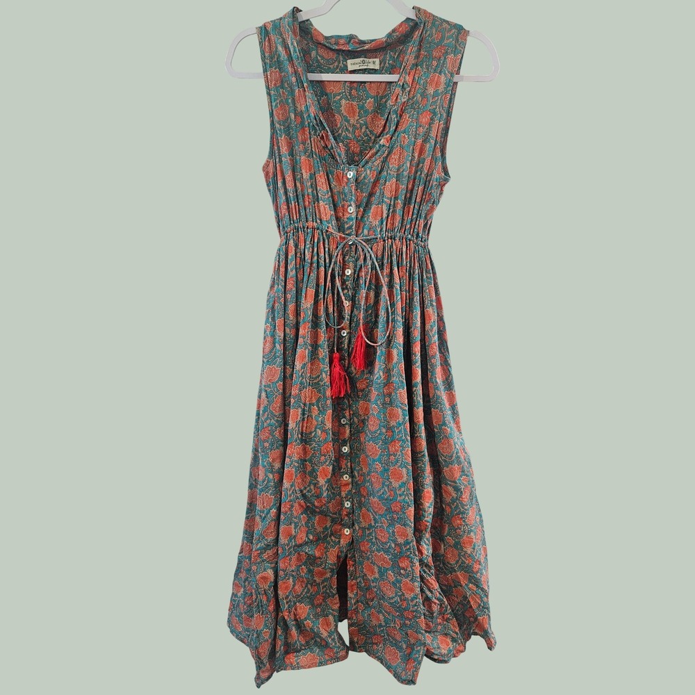 Natural Life Teal Coral Floral Block Print Tassel Drawstring Midi Dress Womens M